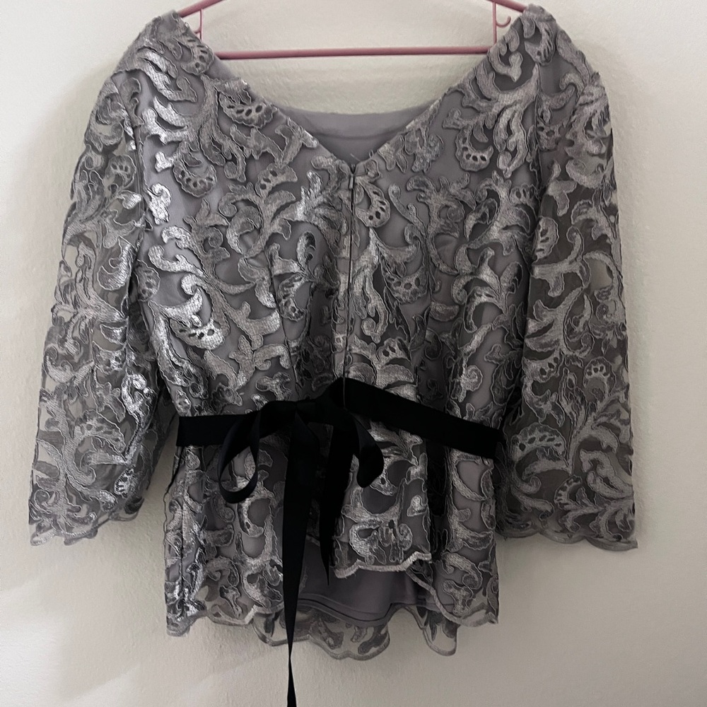 Alex Evenings Silver Lace Blouse with Black Tie